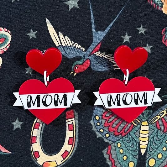 Old School Tattoo MOM Heart Earrings