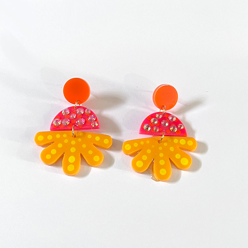 Neon colored hand painted rhinestone flower post earrings